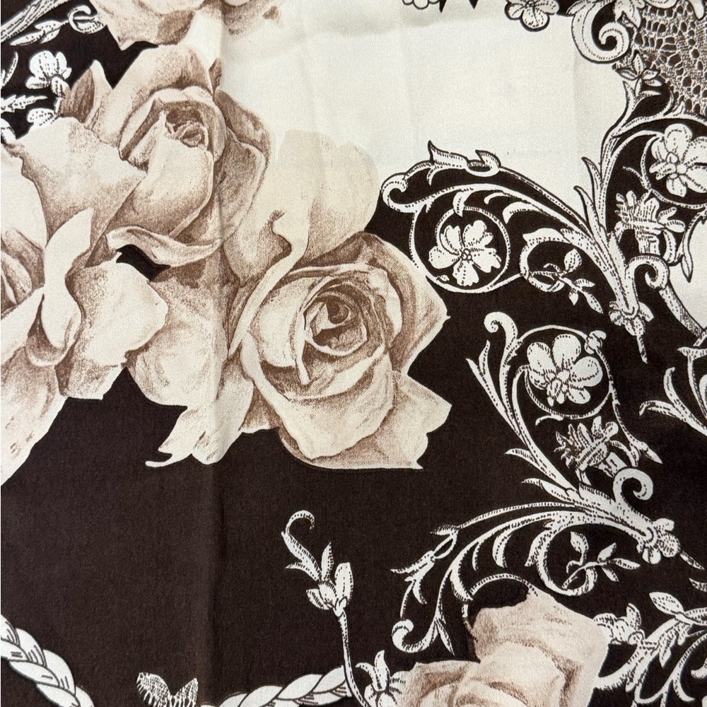 St John Silk Y2K Scarf Chocolate Brown Cream Floral Lace Print Oblong Wrap Roses - Picture 1 of 6